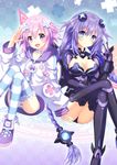  blue_eyes blush braid breasts cleavage cleavage_cutout d-pad d-pad_hair_ornament dual_persona gloves hair_ornament leotard long_hair looking_at_viewer md5_mismatch medium_breasts multiple_girls narinn neptune_(choujigen_game_neptune) neptune_(series) open_mouth purple_eyes purple_hair purple_heart short_hair smile symbol-shaped_pupils thighhighs twin_braids very_long_hair 