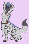  2016 areola armpits bag belt blue_hair blueroses breasts clothing collar ear_piercing female hair hands_above_head hyena mammal mostly_nude nipple_piercing nipples piercing pink_hair purple_eyes solo taur yvonne 