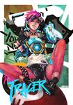  absurdres alternate_costume alternate_hair_color choker eyewear_on_head highres looking_at_viewer monori_rogue overwatch pink_hair punk punk_tracer smile solo spiked_hair sunglasses tracer_(overwatch) union_jack 