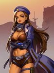 alternate_costume ana_(overwatch) backlighting belt belt_buckle beret black_corset breast_hold breasts brown_eyes brown_hair buckle building captain_amari cleavage coat corset cowboy_shot crossed_arms dark_skin desert earrings eyeliner eyepatch facial_mark facial_tattoo hat jewelry large_breasts lipstick long_hair looking_at_viewer makeup midriff navel open_clothes open_coat orange_sky outdoors overwatch parted_lips qi_kou red_lipstick short_shorts shorts sky solo statue stud_earrings tattoo very_long_hair younger 