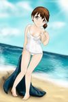  absurdres areola_slip areolae beach breasts brown_hair cleavage day endlessgr8 grey_eyes highres school_swimsuit side_ponytail solo strap_pull swimsuit towel wet wet_clothes wet_swimsuit 