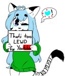  &lt;3 :3 alpha_channel aqua_hair big_eyes bottomless chibi clothed clothing dipstick_ears dipstick_tail felid feline female flat_chested fur green_turtleneck mammal meme multicolored_tail nibbling nicholas_c._corbin sign simple_background transparent_background trinity_night turtleneck white_fur youtube youtuber 