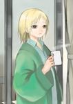  bad_id bad_pixiv_id baggy_clothes blonde_hair blue_shirt blush brown_eyes closed_mouth comfy cup curtains hidaka_koharu high_score_girl holding holding_cup hot_chocolate indoors jacket long_sleeves meu_(esekai) pajamas shirt solo steam wide_sleeves worried 