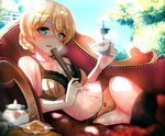  bad_id bad_pixiv_id blonde_hair blue_eyes blush bra braid breasts cleavage cookie couch creamer_(vessel) cup darjeeling fan folding_fan food girls_und_panzer kowaremashita medium_breasts navel panties pantyhose pantyhose_pull short_hair smile solo sweat teacher teacup tied_hair underwear 