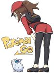  backpack bag baseball_cap belt black_legwear blue_eyes blush engiyoshi female_protagonist_(pokemon_go) fingerless_gloves gen_1_pokemon gloves hands_on_own_knees hat leaning_forward leggings long_hair nidoran pokemon pokemon_(creature) pokemon_(game) pokemon_go ponytail shoes shorts simple_background smile sneakers white_background 