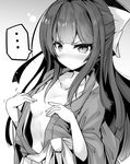  1girl ai_takurou bangs blush breasts collarbone covering covering_breasts eyebrows eyebrows_visible_through_hair gradient gradient_background greyscale hair_ribbon japanese_clothes kamikaze_(kantai_collection) kantai_collection kimono long_hair looking_at_viewer monochrome motion_lines navel no_bra nose_blush open_clothes open_kimono ribbon sidelocks small_breasts solo spoken_ellipsis stomach two-tone_background upper_body wide_sleeves 