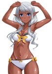  armpits arms_up bad_id bad_nicoseiga_id bare_arms bare_shoulders bikini blue_eyes bow breasts chiro cleavage closed_mouth collarbone dark_elf dark_skin elf eyebrows eyebrows_visible_through_hair front-tie_bikini front-tie_top hair_over_shoulder hair_tie low_twintails medium_breasts navel original pointy_ears shiny shiny_skin side-tie_bikini simple_background solo stomach swimsuit twintails white_background white_bikini yellow_bow 
