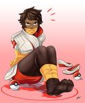  bdsm bondage bound brown_hair candela_(pokemon) dark_skin feet gag highres improvised_gag legs lost_one_zero miniskirt orange_eyes pantyhose pokemon pokemon_go shoes_removed skirt solo tape tape_gag 