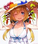  ;d arms_up artist_name bare_shoulders blonde_hair blue_eyes breasts cleavage colorful flower hand_on_headwear hat highres long_hair looking_at_viewer medium_breasts mika_pikazo one_eye_closed open_mouth original smile solo straw_hat twintails upper_body 