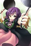  beads breasts brown_eyes brown_hair dress frying_pan gradient_hair hijiri_byakuren layered_dress long_hair multicolored_hair purple_hair solo touhou tukiyofree 