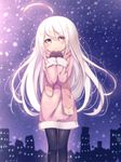 :&lt; ahoge building lavender_eyes light long_hair mittens original pantyhose pink_scarf scarf snow snowing solo tamagoyaki_(megane-daisuki) white_hair winter 