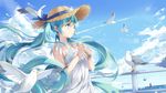  animal aqua_eyes aqua_hair bangs bead_bracelet beads bird blue_ribbon blue_sky blush bottle bracelet cloud condensation_trail day dress eyelashes flat_chest floating_hair flock flower from_side glass glass_bottle hair_between_eyes hat hat_flower hat_ribbon hatsune_miku highres holding holding_bottle jewelry k.syo.e+ lens_flare long_hair md5_mismatch motion_blur necklace ocean outdoors parted_lips railing ribbon scroll seagull sky sleeveless sleeveless_dress straw_hat summer sundress tower twintails typo upper_body very_long_hair vocaloid water_drop white_dress wind 