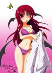  1girl :o ass_visible_through_thighs bat_wings bra breasts cleavage cowboy_shot dated dress_shirt dressing eyebrows eyebrows_visible_through_hair eyes_visible_through_hair gradient gradient_background hair_between_eyes head_wings highres holding_clothes koakuma kurenaidahlia large_breasts long_hair looking_at_viewer low_wings navel panties purple_bra purple_panties red_hair shirt simple_background solo thigh_gap touhou twitter_username underwear white_shirt wings 