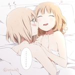  2girls bed bed_sheet blush brown_eyes brown_hair closed_eyes drooling fang hand_on_another's_chest hand_on_another's_shoulder highres incest kamiki_uutarou multiple_girls nude on_bed oomuro_nadeshiko oomuro_sakurako open_mouth pillow short_hair siblings sisters spoken_ellipsis sweat twitter_username under_covers yuri yuru_yuri 