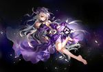  bare_legs bare_shoulders barefoot blush detached_sleeves dress full_body gloves hair_over_one_eye hat hat_ribbon lantern long_hair looking_at_viewer nine-year pandora_(p&amp;d) purple_dress purple_eyes purple_gloves puzzle_&amp;_dragons ribbon silver_hair simple_background sleeveless sleeveless_dress solo very_long_hair 