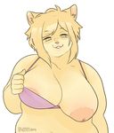 0phanim anthro areola big_areola big_breasts big_nipples bra breasts butter cat clothing exposing_breast eye_contact feline female hair hi_res huge_breasts inverted_nipples looking_at_viewer mammal nipples obese open_mouth overweight simple_background slightly_chubby smile smug solo underwear undressing 