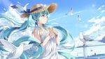  animal aqua_eyes aqua_hair bangs bead_bracelet beads bird blue_ribbon blue_sky blush bottle bracelet cloud condensation_trail day dress eyelashes flat_chest floating_hair flock flower from_side glass glass_bottle hair_between_eyes hat hat_flower hat_ribbon hatsune_miku highres holding holding_bottle jewelry k.syo.e+ lens_flare long_hair md5_mismatch motion_blur necklace ocean outdoors parted_lips railing revision ribbon scroll seagull sky sleeveless sleeveless_dress straw_hat summer sundress tower twintails upper_body very_long_hair vocaloid water_drop white_dress wind 