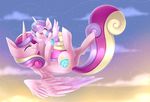 2016 absurd_res cloud cutie_mark daughter duo equine eyes_closed feathered_wings feathers female feral flurry_heart_(mlp) flying friendship_is_magic fur hair hi_res horn mammal mother mother_and_daughter multicolored_hair my_little_pony open_mouth open_smile parent pink_feathers pink_fur princess_cadance_(mlp) scarlet-spectrum sky smile spread_wings star winged_unicorn wings 