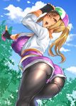  ass breasts brown_eyes brown_hair cloud covered_nipples day female_protagonist_(pokemon_go) fingerless_gloves gloves hat highres large_breasts leggings long_hair looking_at_viewer looking_back pokemon pokemon_go pokkora short_shorts shorts sky smile solo 