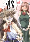  2girls bandaged_arm bandages bare_shoulders belt blush bow breast_rest breasts brown_eyes brown_hair bun_cover china_dress chinese_clothes collarbone commentary_request double_bun dress error fang green_dress hair_bow heart horn_ribbon horns ibaraki_kasen ibuki_suika large_breasts multiple_girls open_mouth pink_hair pregnant ribbon shirt skirt sleeveless sleeveless_shirt small_breasts smile spoken_heart thighhighs touhou turn_pale wrist_cuffs yohane yuri 