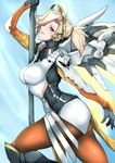  blonde_hair blue_background blue_eyes bodysuit breasts cowboy_shot ears emblem from_side gggg high_ponytail highres large_breasts looking_at_viewer mechanical_halo mechanical_wings mercy_(overwatch) overwatch pantyhose parted_lips pose sideways_glance solo staff wings 