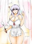  1girl absurdres apron bare_shoulders bolobolo breasts cleavage cooking curvy female huge_breasts kitchen long_hair looking_at_viewer naked_apron open_mouth original purple_eyes silver_hair sketch solo standing thigh_gap thighs 