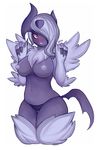  anthro areola blush breasts claws clothed clothing female fur hair looking_at_viewer mammal mega_absol mega_evolution mornincoffeerun nintendo nipples panties pok&eacute;mon portrait purple_fur purple_skin red_eyes signature simple_background solo three-quarter_portrait topless underwear video_games white_background 