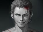  ;) aqua_eyes black_background blood blood_on_face cdash817 dripping earrings green_eyes grin injury jewelry light_particles limited_palette looking_at_viewer male_focus one_eye_closed one_piece parted_lips portrait realistic roronoa_zoro scar scar_across_eye scratches shade smile solo spot_color teeth 