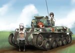  ahoge arm_support axe black_hair black_legwear blue_eyes brown_eyes brown_hair camouflage cloud commentary crossed_arms day field girls_und_panzer glasses ground_vehicle hair_ornament hairclip hatch head_tilt headset long_hair looking_at_viewer military military_vehicle millimeter motor_vehicle multiple_girls open_mouth original pantyhose path pigeon-toed pleated_skirt radio_antenna road school_uniform short_hair shovel side_braids silver_hair sitting skirt sky smile stridsvagn_m/40 sweater_vest sweden tank uniform_vest v weapon 