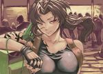  black_lagoon breasts brown_hair collarbone crowd eyelashes fingerless_gloves gloves holster large_breasts lips long_hair panko_(drive_co) phone phone_booth ponytail red_eyes revy_(black_lagoon) shoulder_holster solo tattoo upper_body 