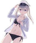  ass_visible_through_thighs bad_id bad_pixiv_id bikini black_bikini blush breasts cleavage cnm front-tie_bikini front-tie_top graf_zeppelin_(kantai_collection) hat highres jacket kantai_collection large_breasts long_hair long_sleeves navel pale_skin peaked_cap purple_eyes side-tie_bikini silver_hair simple_background solo swimsuit twintails white_background 