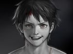  bangs black_background black_hair blood blood_on_face brown_eyes cdash817 eyelashes injury licking light_particles limited_palette looking_at_viewer male_focus monkey_d_luffy one_piece parted_lips portrait realistic scratches solo spot_color teeth tongue tongue_out 