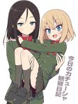  black_hair blonde_hair fang girls_und_panzer hama_chon katyusha long_hair multiple_girls nonna pravda_school_uniform translated 