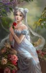 bare_shoulders bead_bracelet bead_necklace beads bishoujo_senshi_sailor_moon blue_eyes bracelet branch detached_sleeves double_bun dress flower hand_on_own_chest holding jewelry leaf long_hair nature necklace pearl_bracelet pearl_necklace peony_(flower) pink_lips pose princess_serenity red_flower red_rose rose silver_hair sitting solo strapless strapless_dress tsukino_usagi twintails very_long_hair white_dress wisteria yinse_qi_ji 