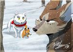 2013 arctic_fox balkrom_(darfix) brown_eyes canine coyote female fox male mammal nixira_(darfix) red_squirrel rodent scarf size_difference snow squirrel thikahlrek_(darfix) xashleymx yellow_eyes 