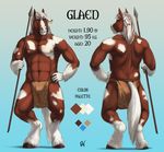  2016 abs anthro biceps blue_eyes brown_fur brown_nipples clothed clothing digital_media_(artwork) english_text equine feathers fur glaed hair hand_on_hip hi_res holding_object holding_weapon hooves horse loincloth looking_at_viewer male mammal melee_weapon model_sheet multicolored_fur muscular muscular_male nipples pecs polearm rov signature simple_background solo spear standing text topless two_tone_fur weapon white_fur white_hair 
