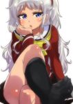  1girl black_socks blue_eyes charlotte_(anime) feet female legs_crossed long_hair looking_at_viewer school_uniform silver_hair simple_background socks solo tashiromotoi thighs tomori_nao uniform white_background 