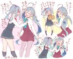  adjusting_another's_clothes ahoge belt black_legwear blue_hair bow bowtie closed_eyes colis comic commentary_request dress dressing_another eating food food_on_face grey_eyes grey_hair hair_between_eyes heart kantai_collection kasumi_(kantai_collection) kiyoshimo_(kantai_collection) kneehighs long_hair long_sleeves low_twintails multicolored_hair multiple_girls onigiri open_mouth package pantyhose pinafore_dress purple_legwear remodel_(kantai_collection) shirt side_ponytail sleeveless sleeveless_dress translation_request twintails twitter_username very_long_hair white_shirt 