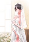  black_hair breasts bridal_veil brown_eyes covering covering_breasts dress earrings grin highres jewelry large_breasts looking_at_viewer necklace original shikishiro_konomi smile solo veil wedding_dress 