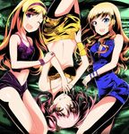  blonde_hair blue_eyes breasts cleavage dress fujimoto_rina idolmaster idolmaster_cinderella_girls jougasaki_mika long_hair medium_breasts multiple_girls navel ootsuki_yui open_mouth pink_hair purple_eyes small_breasts smile tom_(drpow) twintails upside-down yellow_eyes 