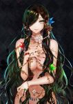  1girl absurdres apt bare_shoulders bracelet breasts cleavage flower green_eyes green_hair hair_censor hair_ornament hair_over_one_eye highres jewelry long_hair looking_at_viewer nail_polish navel necklace nude original pearl_necklace red_nails ring rose smile solo very_long_hair 