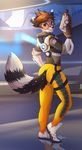  2016 anthro armor black_nose brown_hair canine clothed clothing cosplay detailed_background english_text eyewear female fluffy fluffy_tail fox goggles gun hair ketty-leopardess mammal overwatch purple_eyes ranged_weapon short_hair signature smile solo standing teeth text tracer_(overwatch) video_games weapon wide_hips 