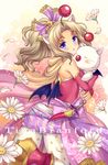  absurdres animal_ears blonde_hair blue_eyes cape character_name dagger elbow_gloves final_fantasy final_fantasy_vi fingerless_gloves flower gloves highres looking_at_viewer lyric_(hina9111) moogle open_mouth pantyhose sash tina_branford weapon whiskers wings 
