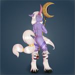  amber_eyes anthro breasts equine female fur hair hooves horn icy_vinyl invalid_tag league_of_legends long_hair long_tail mammal markings purple_fur purple_markings side_boob soraka staff unicorn video_games white_hair 