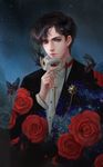  bishoujo_senshi_sailor_moon black black_hair blue_eyes brooch bug butterfly chain chiba_mamoru domino_mask feathers flower formal insect jewelry looking_at_viewer male_focus mask realistic red_flower red_rose rose solo space star_(sky) suit tuxedo tuxedo_kamen upper_body yinse_qi_ji 