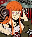  behind-the-head_headphones character_name choumoku_(toriko_b_c) copyright_name glasses grin hands_on_headphones headphones jacket long_hair looking_at_viewer orange_hair persona persona_5 red_eyes sakura_futaba shirt smile solo 