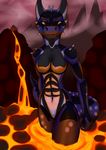  anthro breasts derangedrake dragon featureless_breasts female lava looking_at_viewer muscular muscular_female rock scalie solo 
