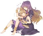  barefoot blonde_hair flying_sweatdrops gradient_hair heart hijiri_byakuren hug hug_from_behind long_hair multicolored_hair multiple_girls open_mouth purple_hair sleeveless tears terrajin touhou toyosatomimi_no_miko white_background yellow_eyes yuri 