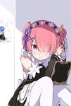  adjusting_hair alternate_hairstyle apron blush detached_sleeves dress hair_ornament hair_over_one_eye light_smile looking_at_mirror maid maid_headdress matching_hairstyle mirror multiple_girls ogipote pantyhose pink_eyes pink_hair ram_(re:zero) re:zero_kara_hajimeru_isekai_seikatsu rem_(re:zero) siblings sisters sitting twins twintails two_side_up tying_hair white_legwear x_hair_ornament 