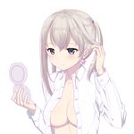  bad_id bad_pixiv_id blush breasts cleavage cnm compact dress_shirt earrings graf_zeppelin_(kantai_collection) heart heart-shaped_lock heart_earrings heart_lock_(kantai_collection) jewelry kantai_collection large_breasts long_hair long_sleeves no_bra open_clothes open_shirt pale_skin purple_eyes shirt silver_hair simple_background smile solo twintails white_background 